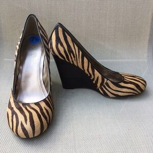 BCBGeneration Zebra Print Platform Wedges - Black and Tan